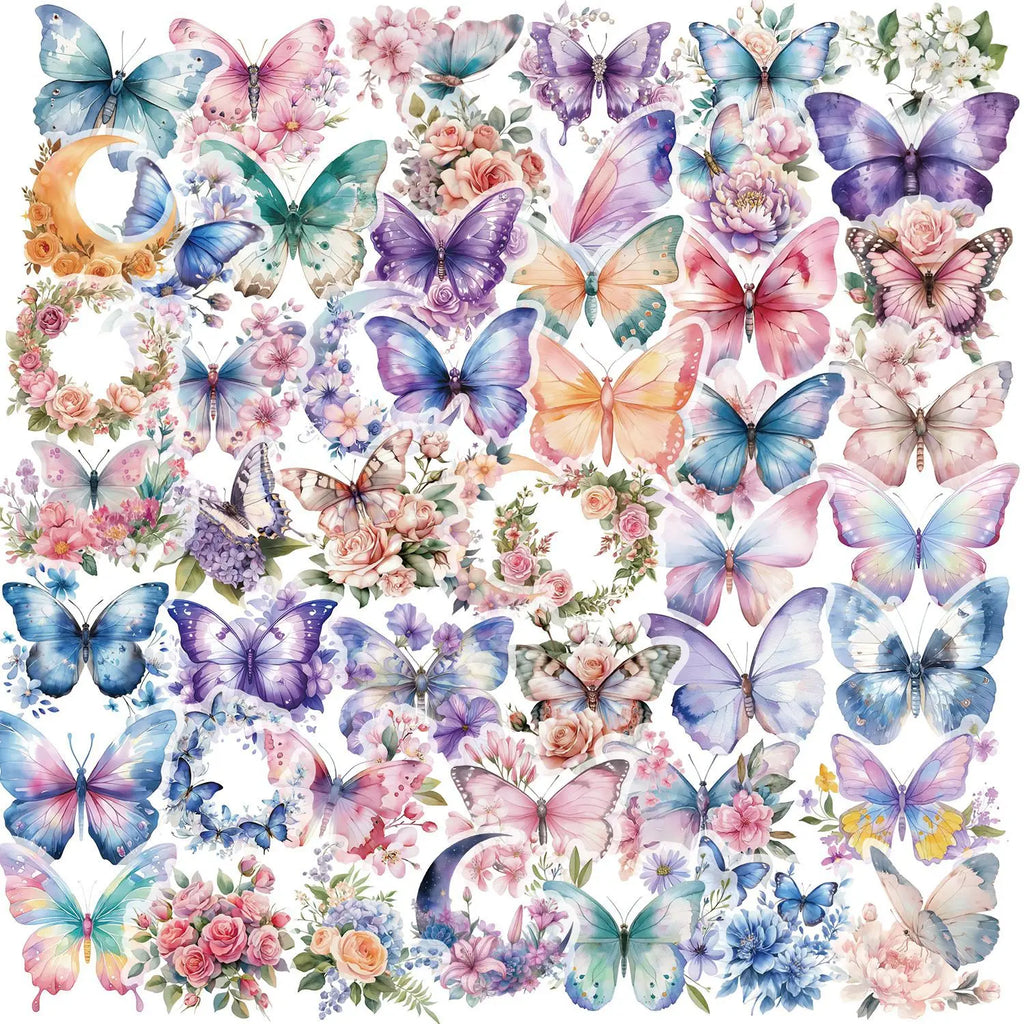 50Pcs Colorful Butterfly Sticker Pack Waterproof Transparent PET Booklet Butterfly Decor Guitar Laptop  Notebook Stickers Decal