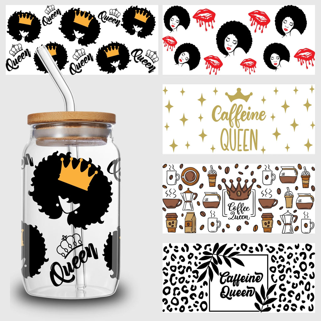 5 sheets Queen UV DTF cup stickers, DTF friction transfer stickers, waterproof transfer stickers, suitable for 16 oz glass cups