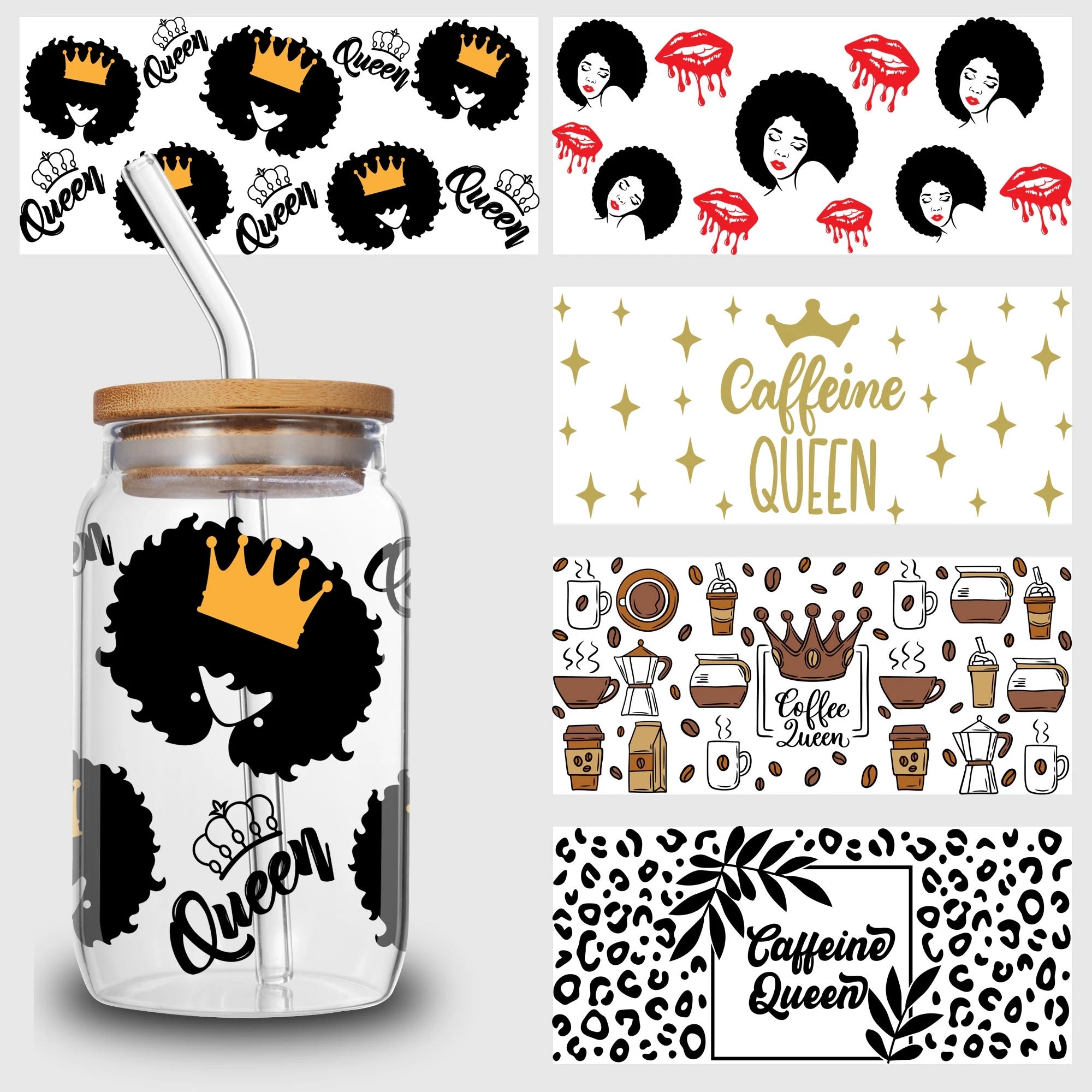 5 sheets Queen UV DTF cup stickers, DTF friction transfer stickers, waterproof transfer stickers, suitable for 16 oz glass cups