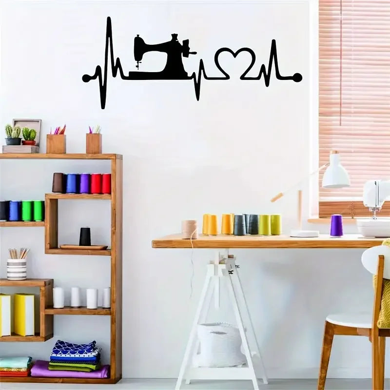 Sewing Machine Heartbeat Wall Decal - Removable Vinyl Mural for Sewing Room, Contemporary Geometric Design, Matte Finish