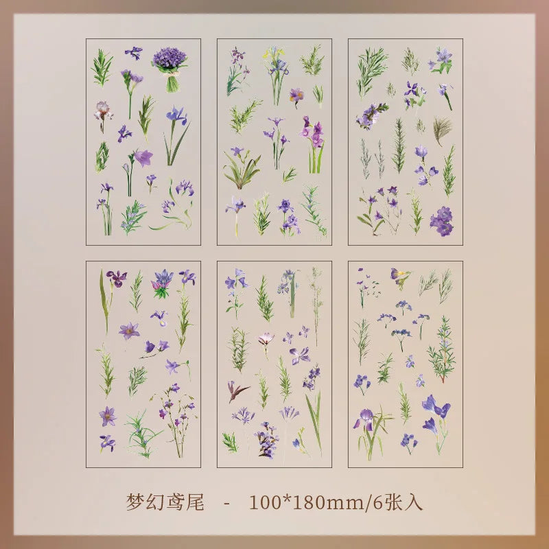6pcs/pack Transparent PET Stickers Scrapbooking Materials DIY Junk Journal Collage Floral Leaves Plants Decor Stickers