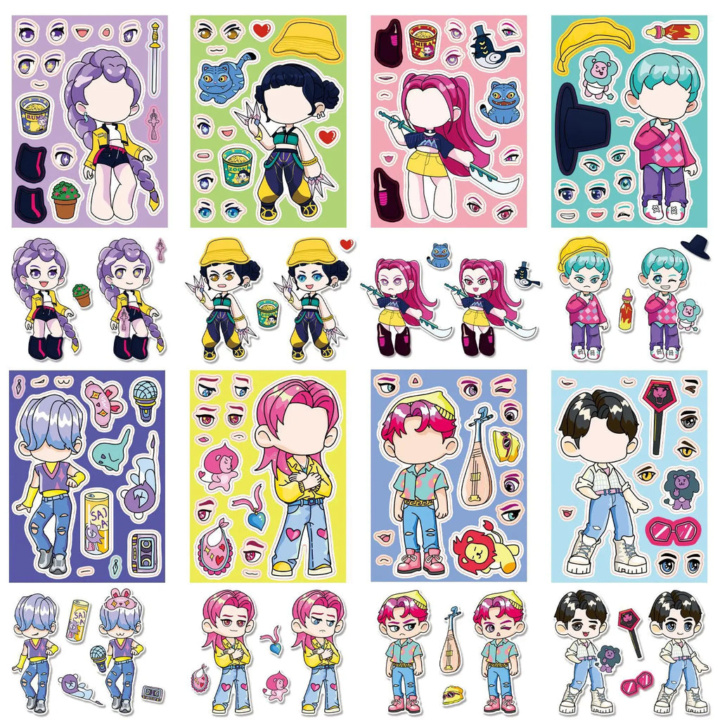 8PCS/PACK Cartoon KPOP Puzzle Stickers, Anime Make a Face Decals for Stationery Notebook Office School Supplies Decor