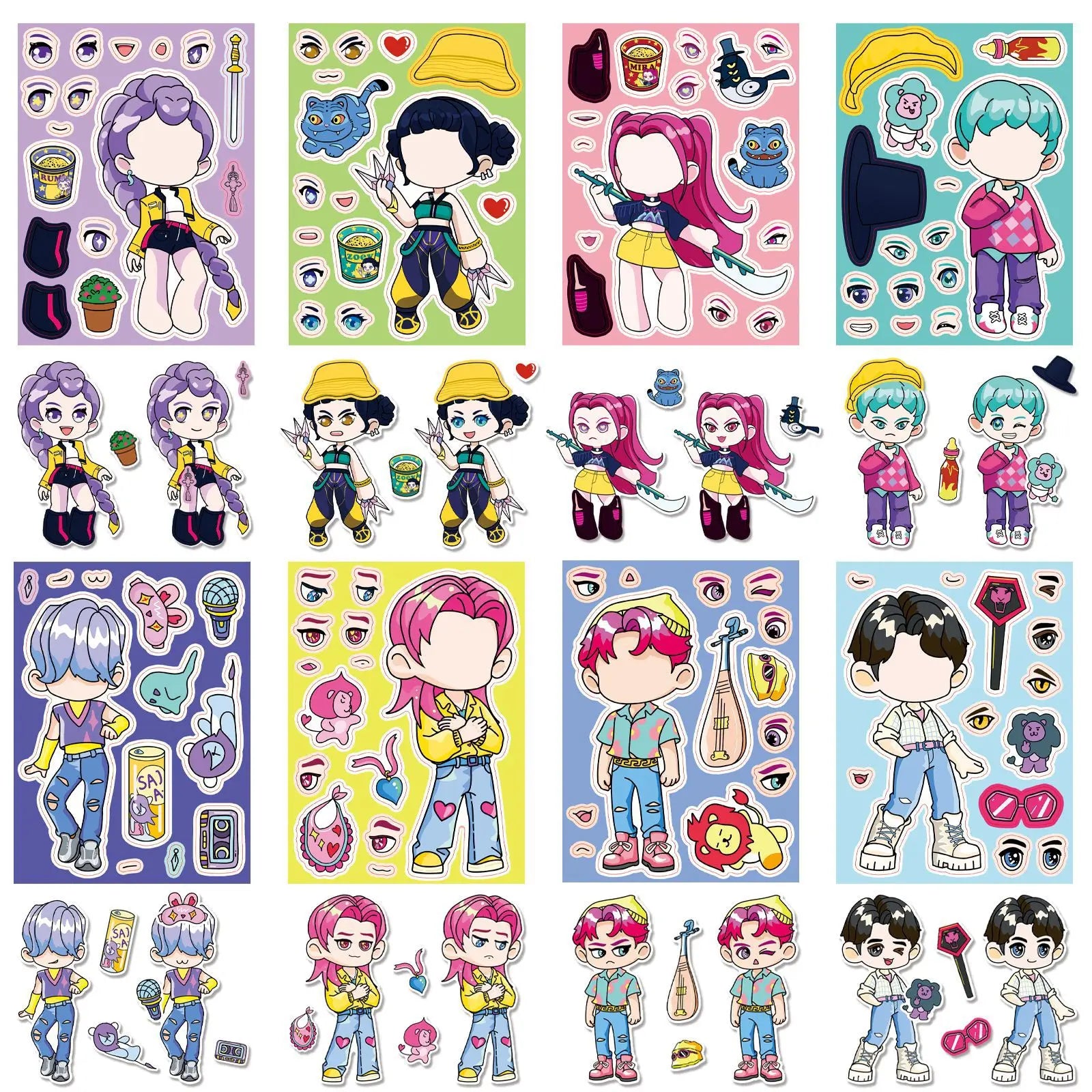 8PCS/PACK Cartoon KPOP Puzzle Stickers, Anime Make a Face Decals for Stationery Notebook Office School Supplies Decor