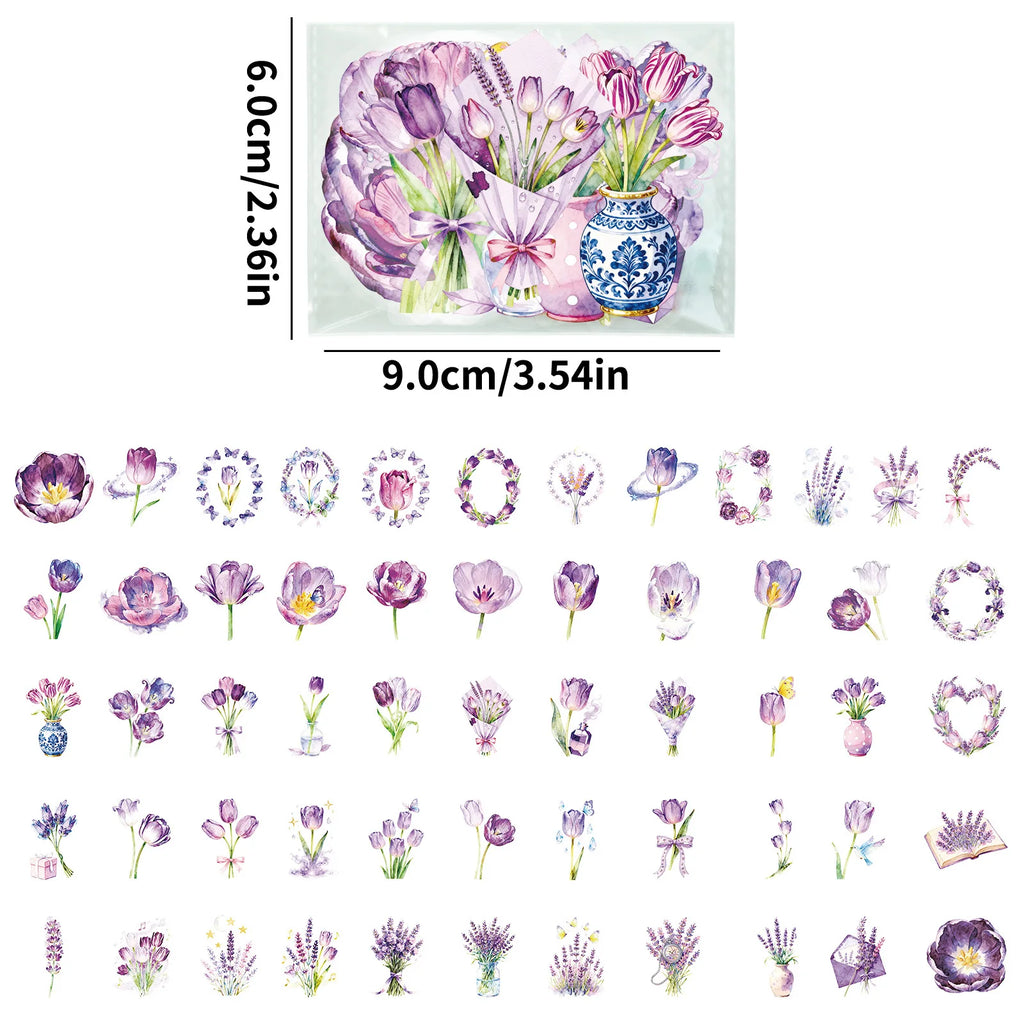 56Pcs Pack Purple Tulip PET Stickers Flower Aesthetic Decals for School Supplies Stationery Notebook Gift Box Fridge Luggage