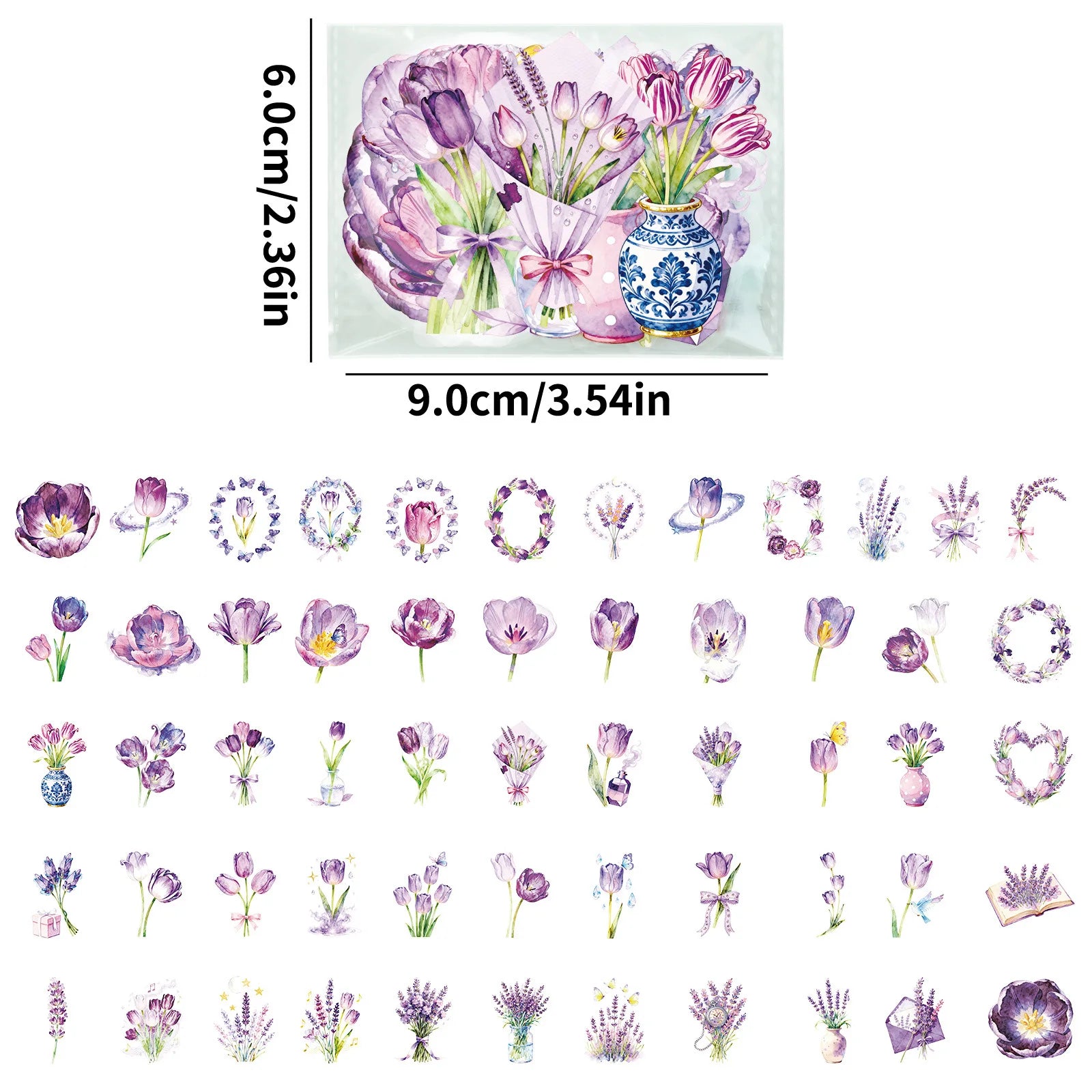 56Pcs Pack Purple Tulip PET Stickers Flower Aesthetic Decals for School Supplies Stationery Notebook Gift Box Fridge Luggage