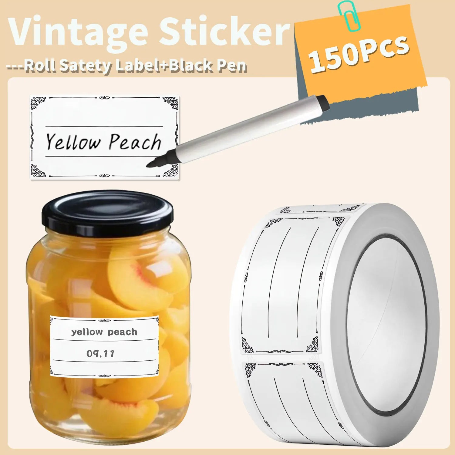 1Roll(150Pcs) Vintage Writing Mark Stickers With Black Marker Pen 0.98*1.57'' Satety Date Freezer Index Labels Sealing Tags