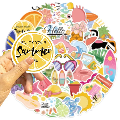 10/30/50PCS Pink Happy Summer PVC Sticky Sticker Aesthetic DIY Decoration Scrapbooking Children's School Supplies
