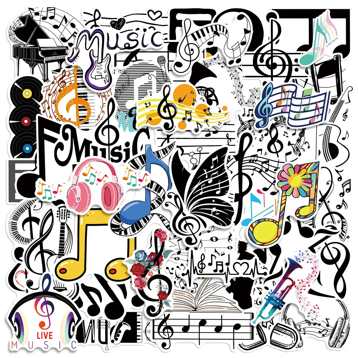 50/100PCS Music Note Doodle Stickers Waterproof Vinyl Decals for Suitcase Journal Laptop Skateboard Guitar Decor