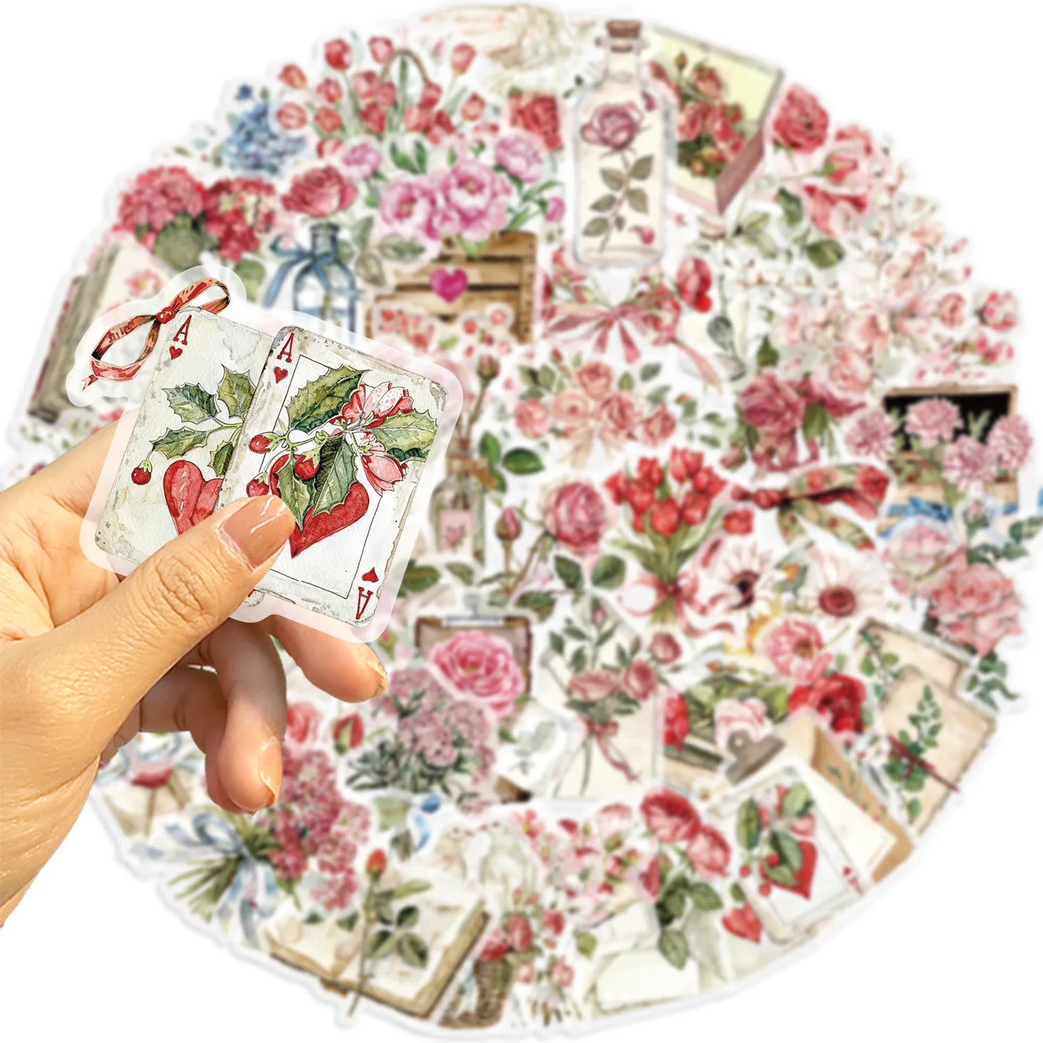50 Pcs Flower and Letter Sticker Pack Waterproof Transparent PET Booklet Flower Material Decorative Guitar Notebook