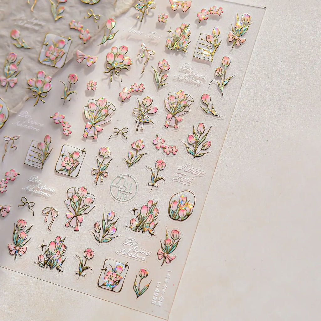 Metal Nail Art Stickers Gold Edges Orange Red Rose Floral Bow Nail Charms Stickers DIY Self Adhesive Nails 3D Decorations Decals