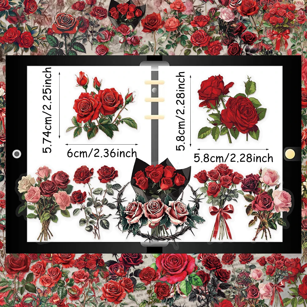 50PCS Retro Red Rose Series Decorative Fun PET Stickers Decorative Materials DIY Waterproof Tablet Computer Toy Stickers