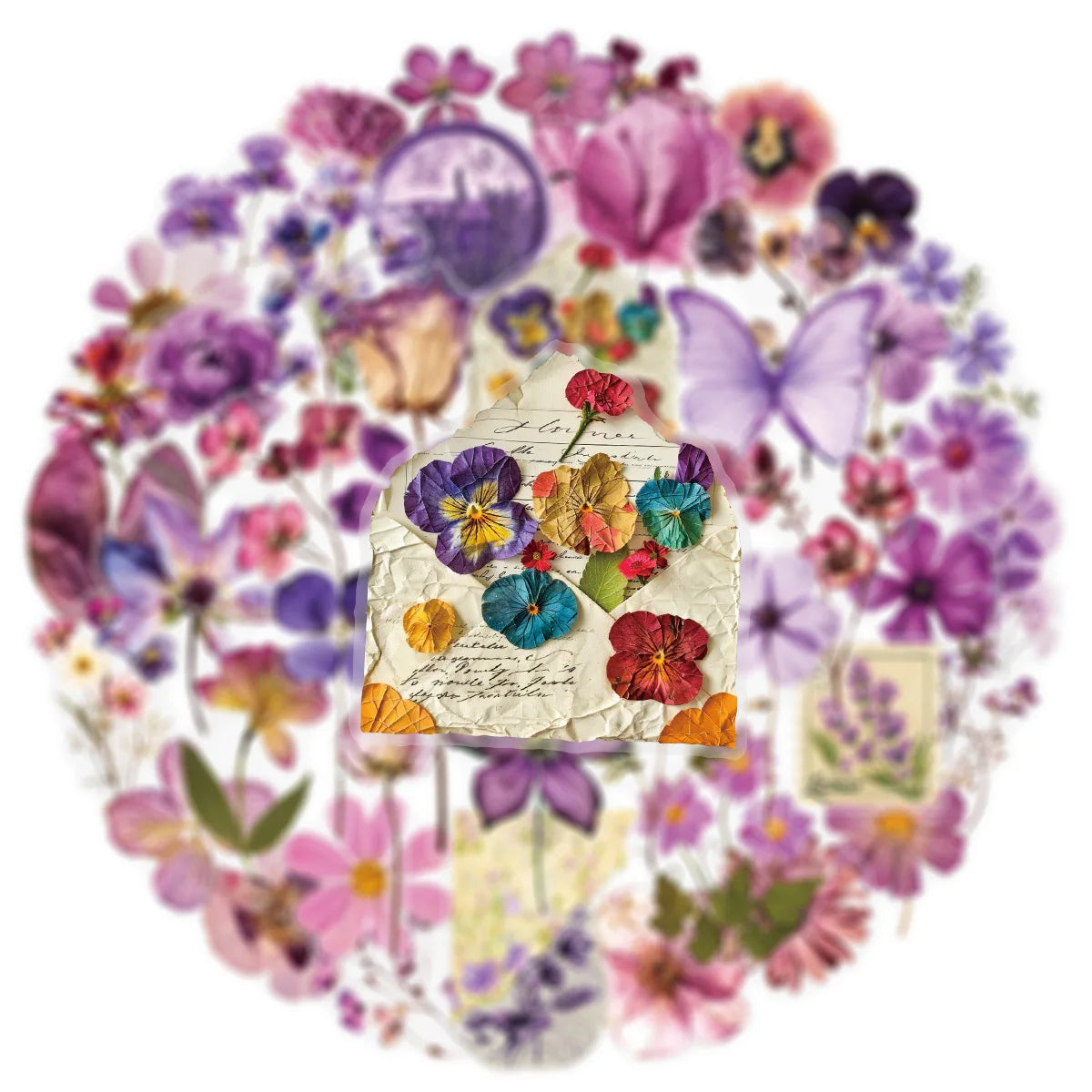 50/100PCS Transparent PET Purple Flower Stickers Pen Holder Notebook Tablet Water Cup Stationery Decorative Waterproof Stickers