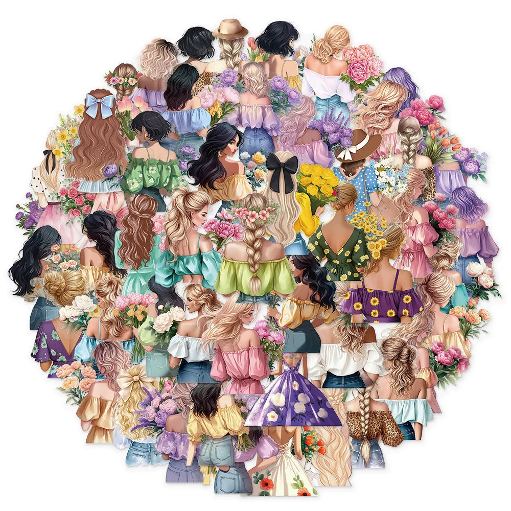 50PCS Flower Girl Cartoon Cute Decorative Transparent PET Sticker Set DIY Brochure Decorative Notebook Tablet Toy Stickers