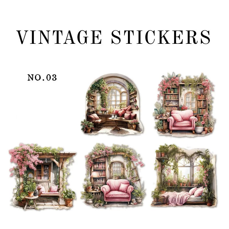 6Style 10pcs/pack Retro Sticker Pack Creative Study Garden Courtyard Handbook DIY Material Decor Sticker For Stationary Notebook