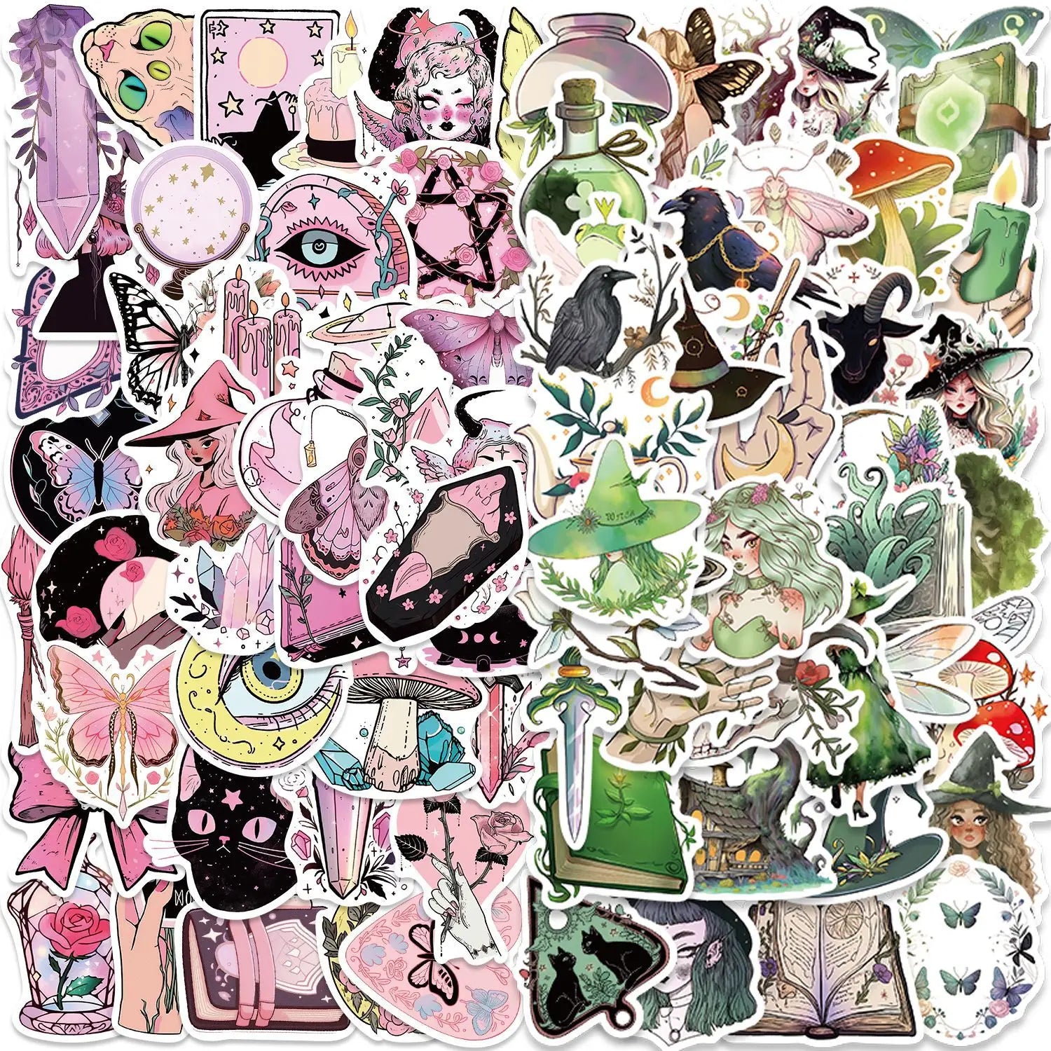 100PCS Pink & Green Cartoon Witch Graffiti Stickers Decorative Guitar Notebook Luggage DIY Waterproof Stationery Stickers