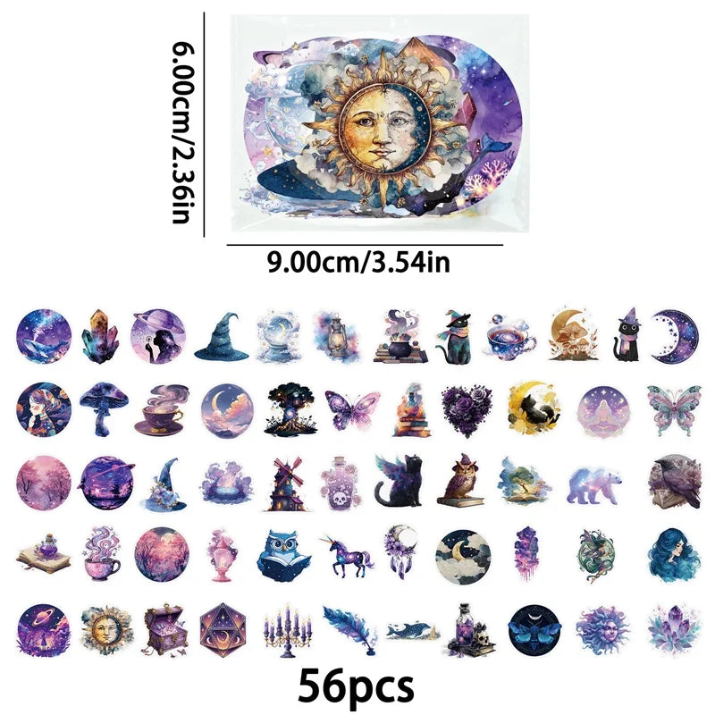56PCS Kawaii Purple Magic PET Sticky Sticker Aesthetic Tear Open DIY Decoration Scrapbooking School Stationery Supplies