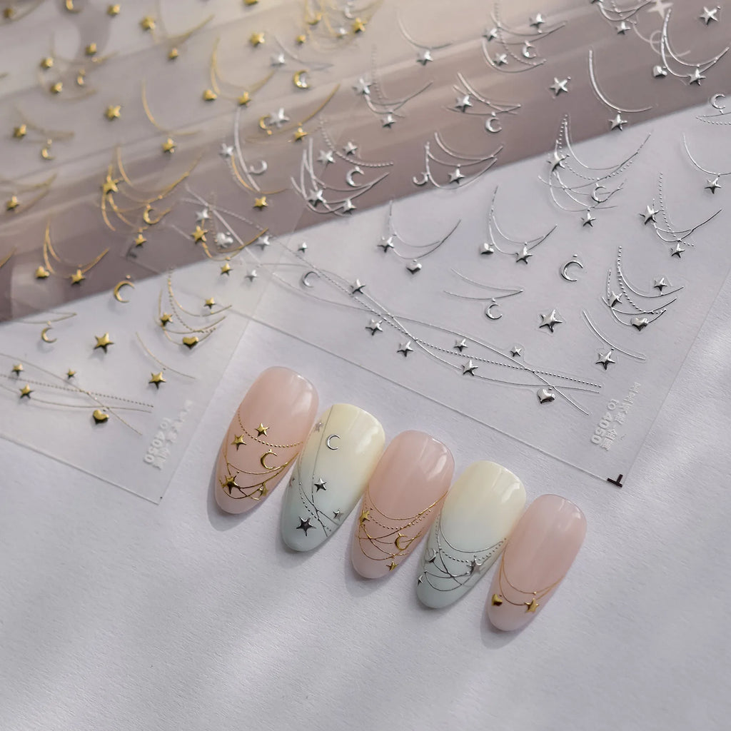 5D Bronzing Nails Sticker French 3D Star Necklace Small Accessories Nail Art Stickers DIY Luxury Metallic Manicure Decorations