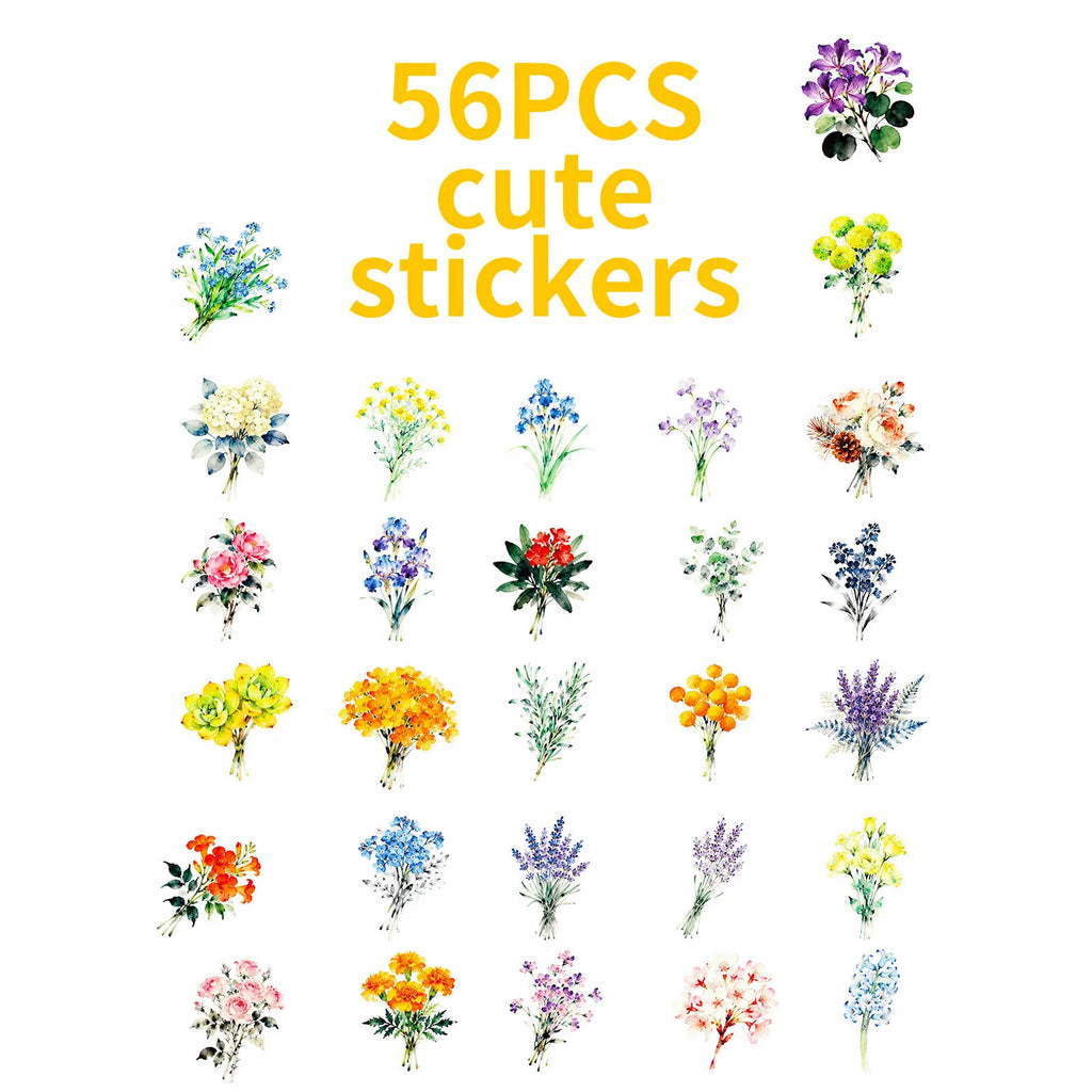 56PCS Fresh Plant Flower Stickers, Phone Cup Suitcase Diary Notebook Kids Stationery Decorative Art Decals Sticker