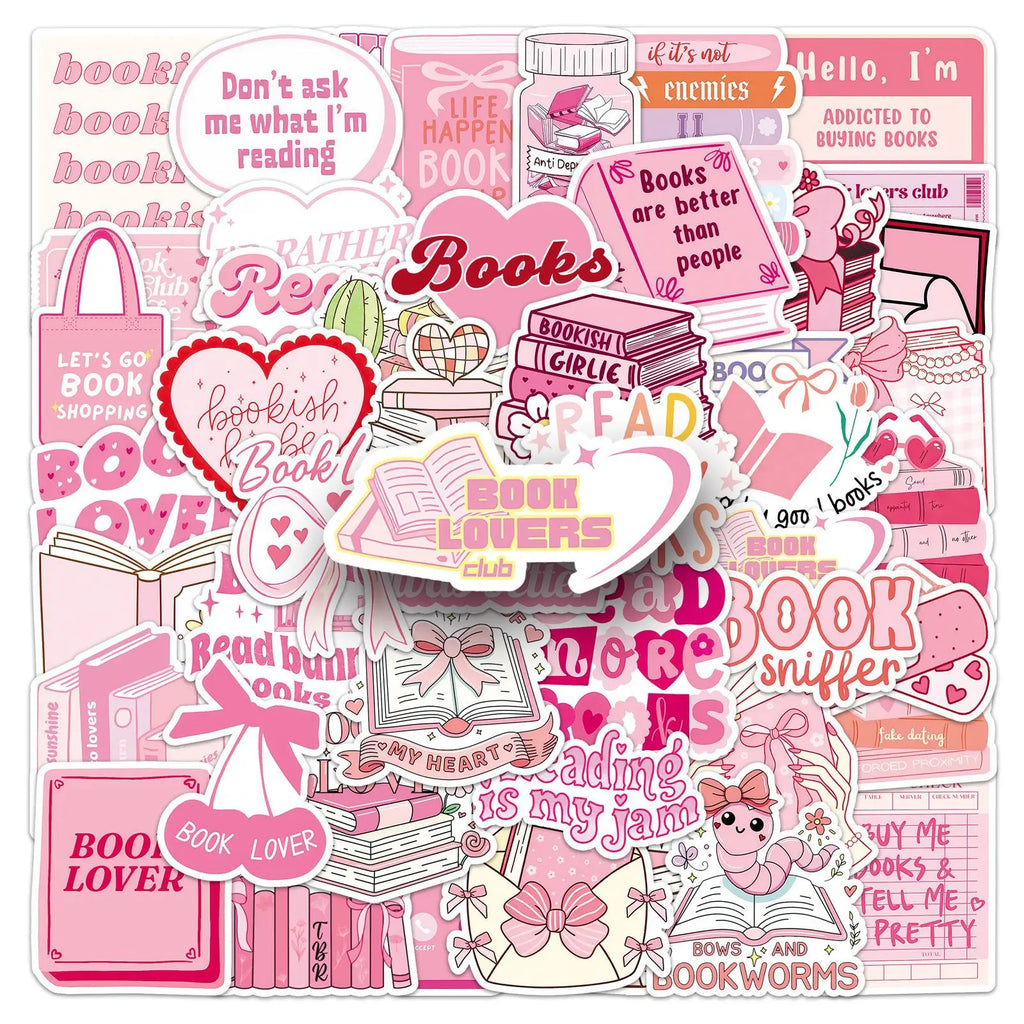 50-Pack Pink Bookish Romantic Graffiti Decal Stickers for Phone Laptop Guitar Helmet Skateboard Luggage Notebook