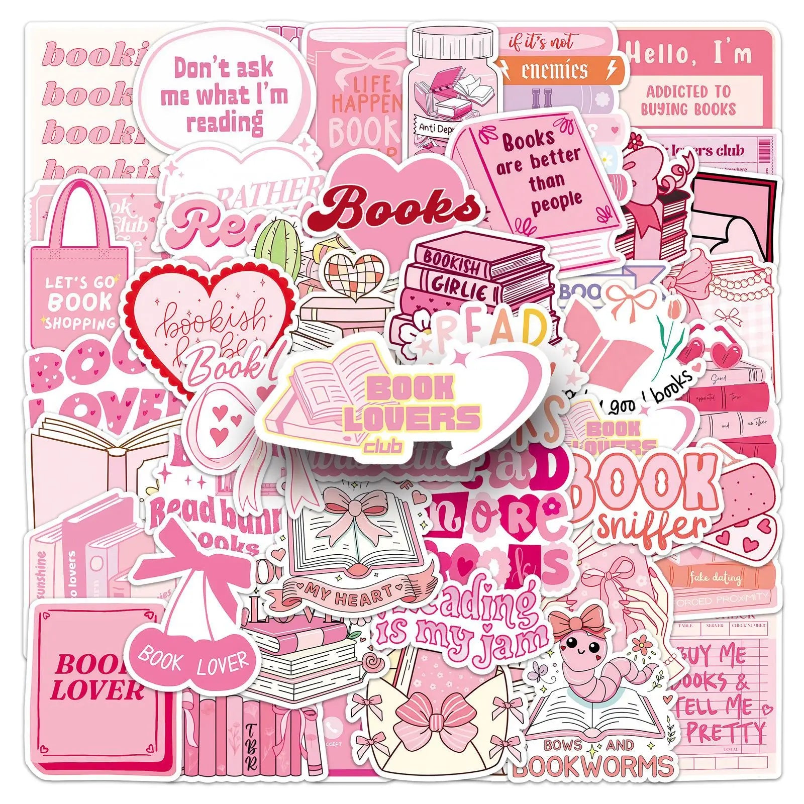 50-Pack Pink Bookish Romantic Graffiti Decal Stickers for Phone Laptop Guitar Helmet Skateboard Luggage Notebook