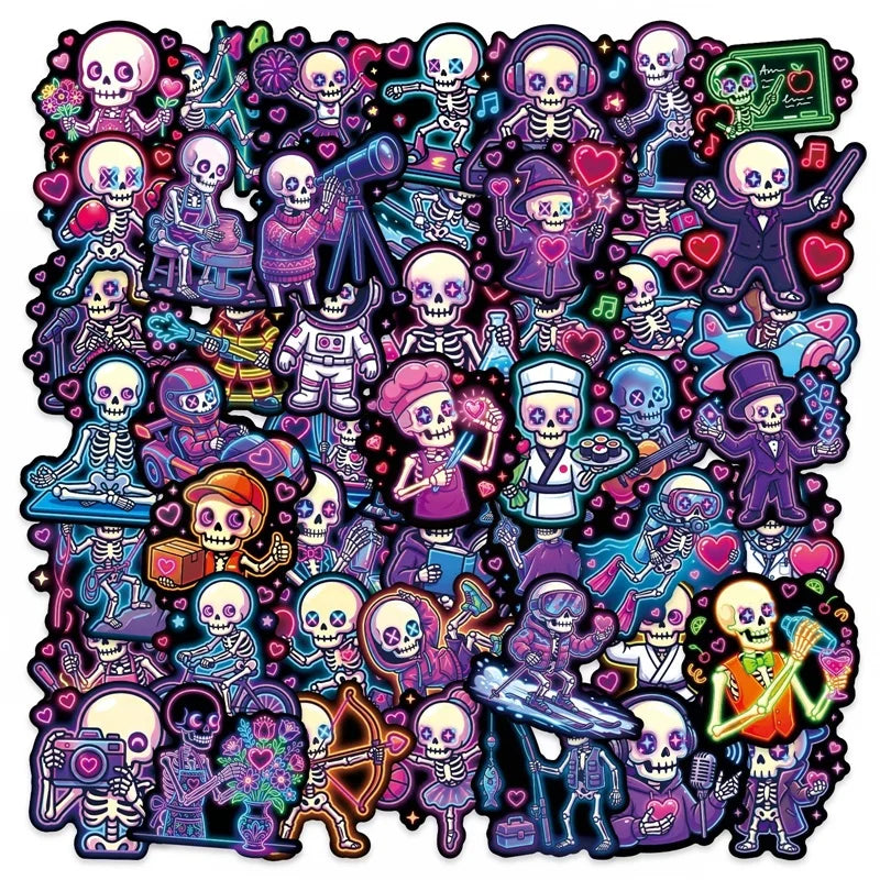 10/30/50PCS Neon Skeleton Love Sticky PVC Sticker Stationery DIY Colored Laptop Luggage Skateboard Decoration Scrapbooking