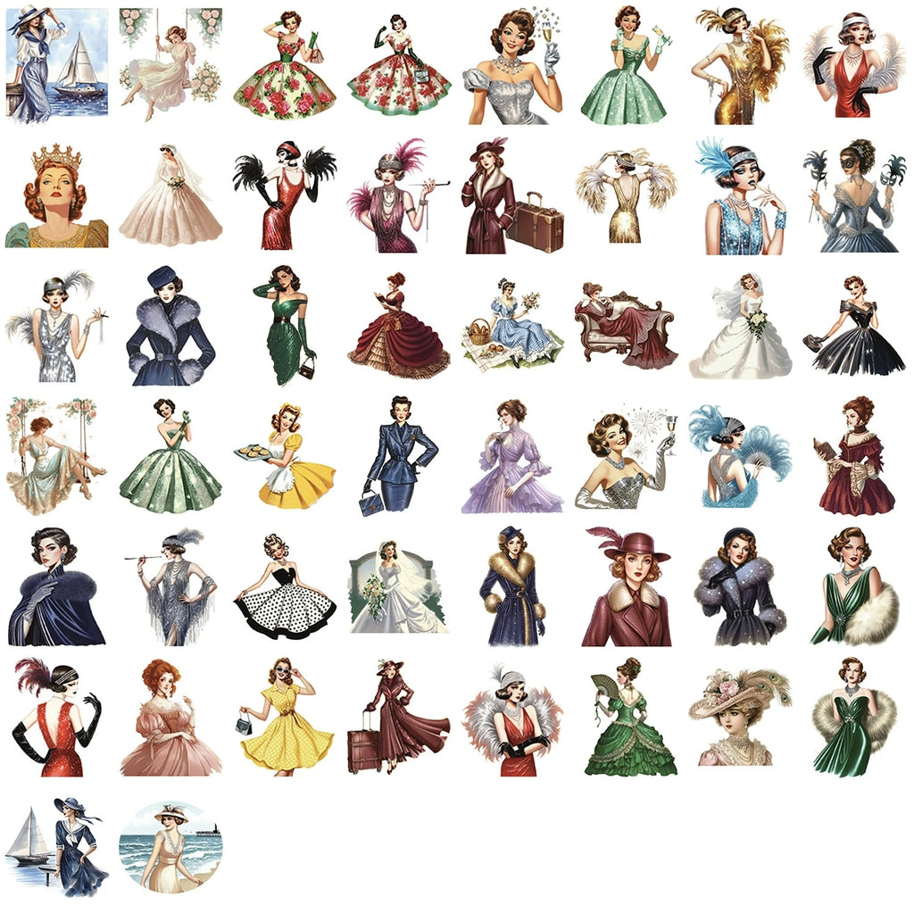 50-200PCS Cartoon Retro & Flower Girl Stickers Waterproof Transparent PET Decorative Guitar Notebook Stationery Stickers