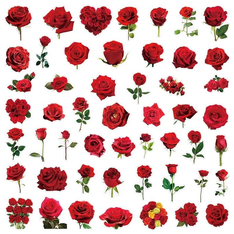 50PCS Kawaii Red Rose Flower PET Sticky Sticker Aesthetic Tear Open DIY Decoration Scrapbooking Stationery Supplies for Kids