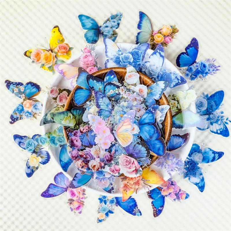 56PCS Cartoon Blue Butterfly PET Sticky Sticker Aesthetic Tear Open DIY Decoration Scrapbooking Sketchbook Supplies for Kids