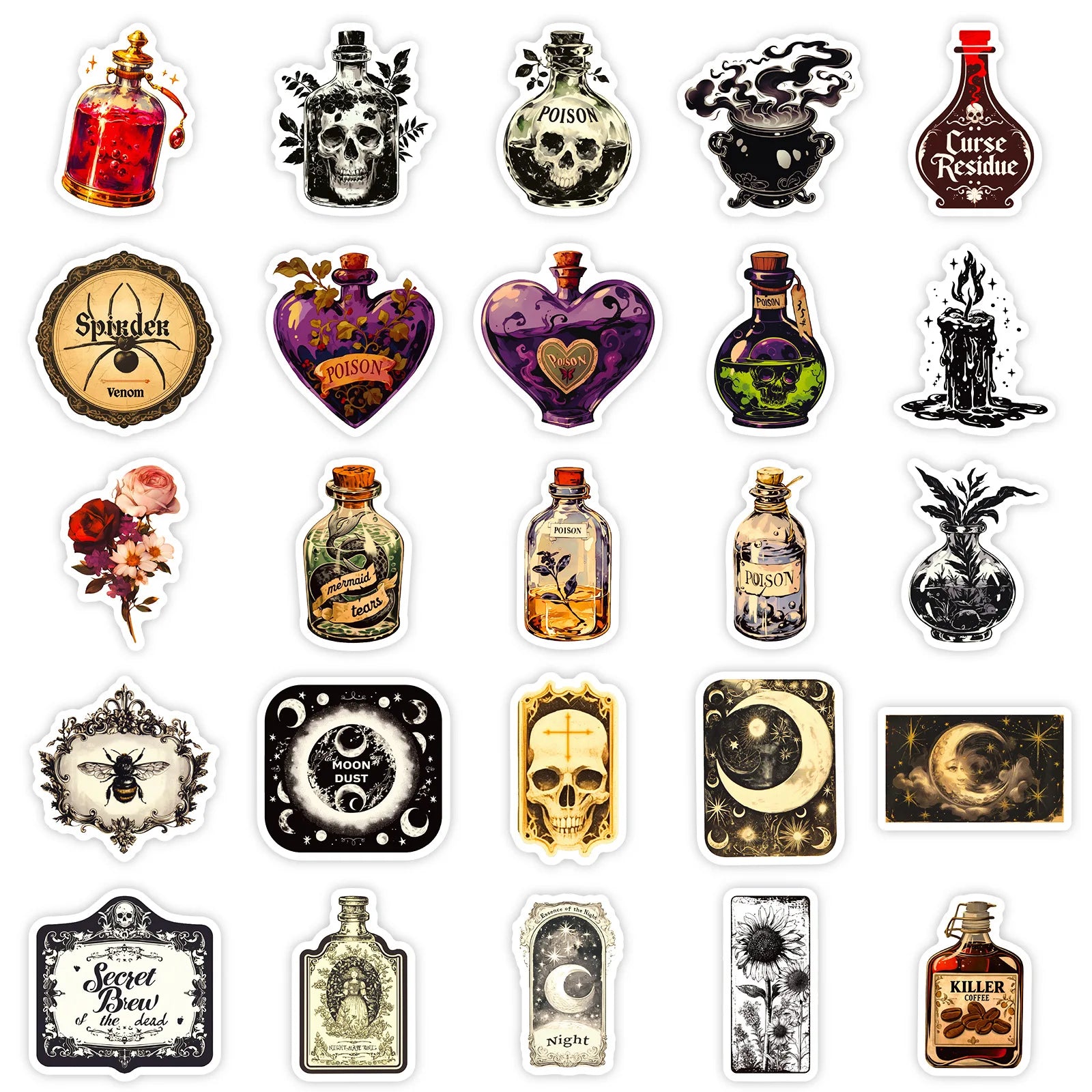 50-Piece Gothic Skull Spider Crow Apothecary Graffiti Stickers for Notebook Luggage Refrigerator Decorative Stickers
