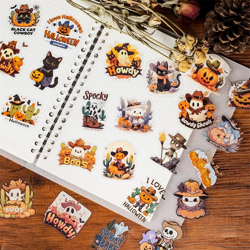 56PCS Cartoon Halloween PET Sticky Sticker Aesthetic Tear Open DIY Decoration Scrapbooking Sketchbook Supplies for Kids