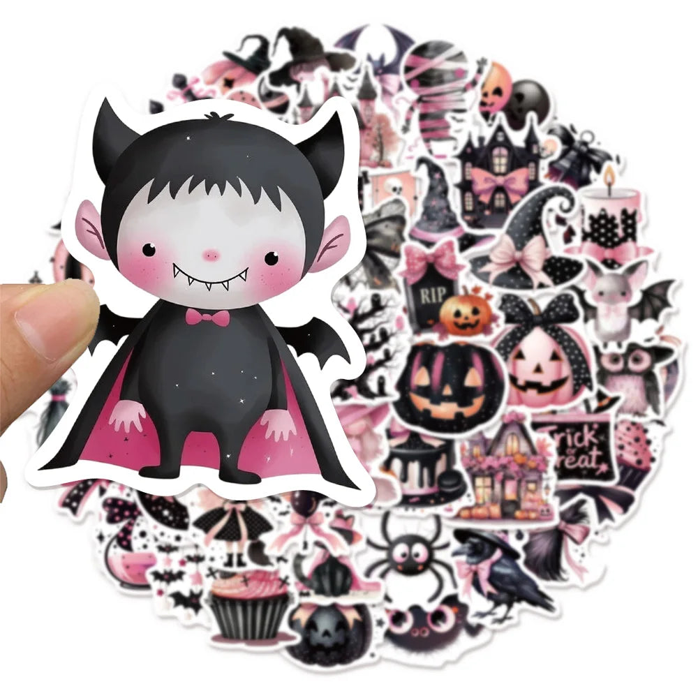 50PCS Cute Black Pink Halloween Fun Graffiti Stickers DIY Handmade Tags Book Roll Notebook Tablet Toy Stickers