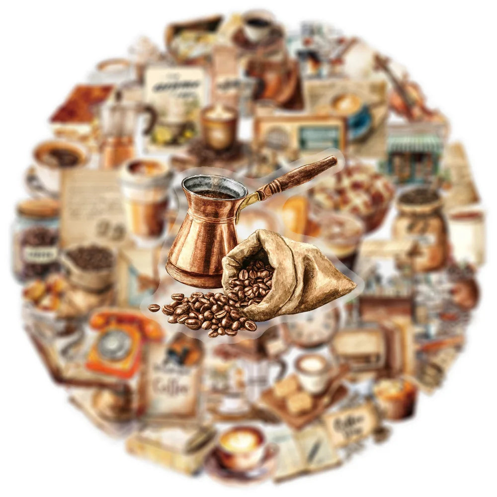 50PCS Retro Coffee Stickers Notebook Phone Guitar Skateboard Computer Water Cup Waterproof Desktop Decoration Stickers