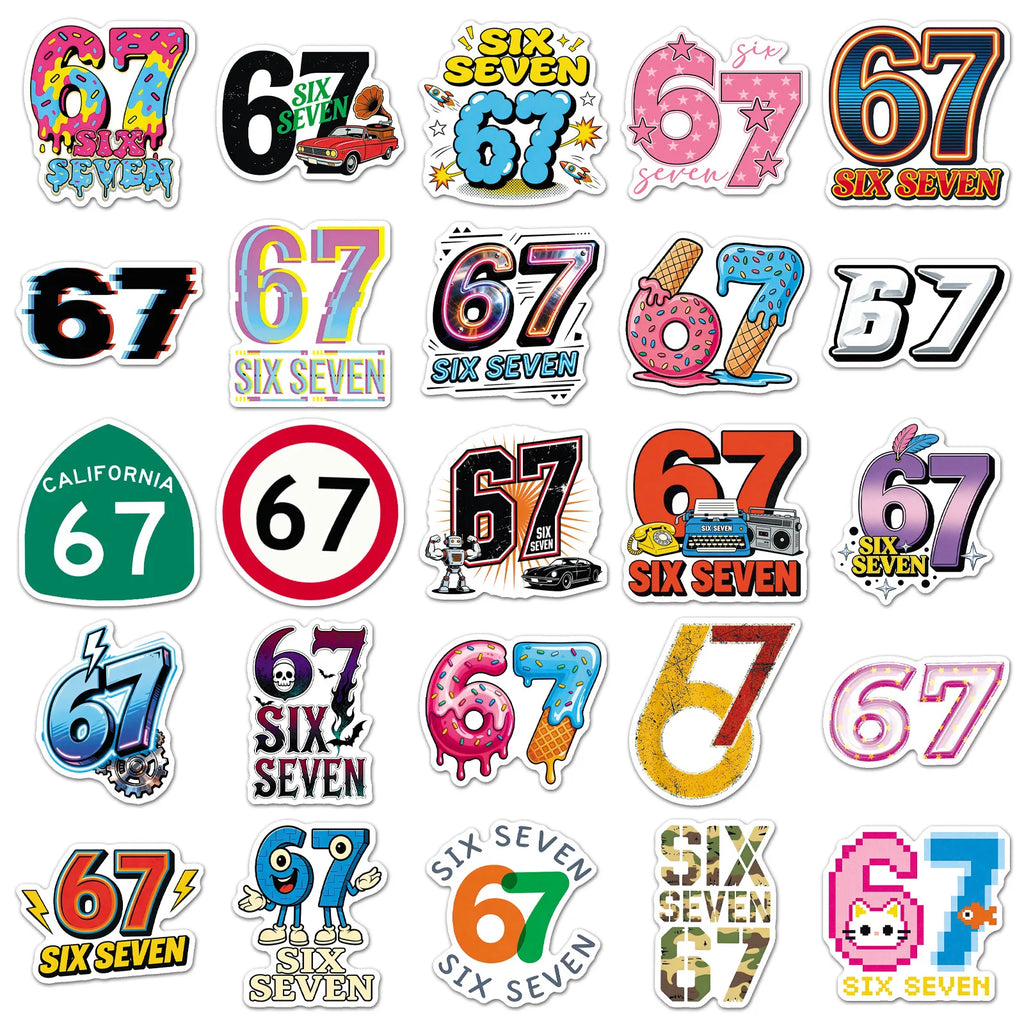 50PCS Cartoon Number 67 Stickers, Funny Meme Six Seven Student Stationery Notebook Waterproof Decorative Stickers