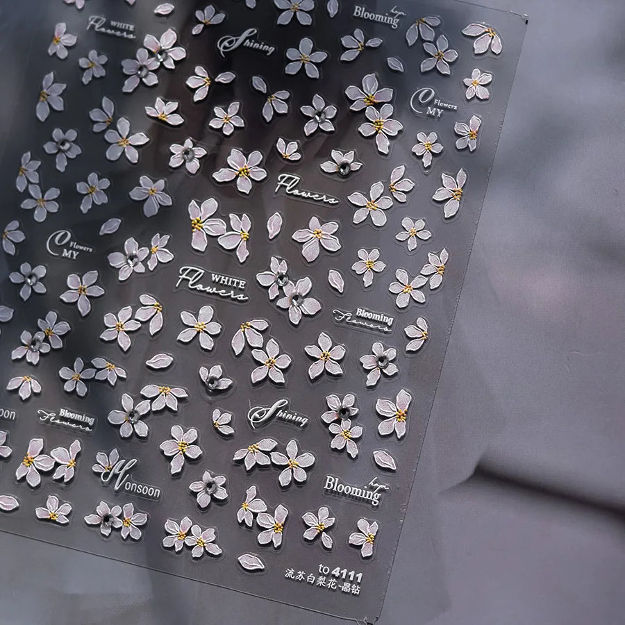 Exqusitive Fringed White Pear Blossom Nail Decorations Stickers Crystal Diamond Pink Flowers Back Glue Nail Decals DIY Accessory