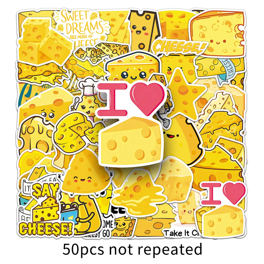 50PCS Cheese Cartoon Stickers, Student Stationery Journal Organizer Box Waterproof Decorative Art Stickers