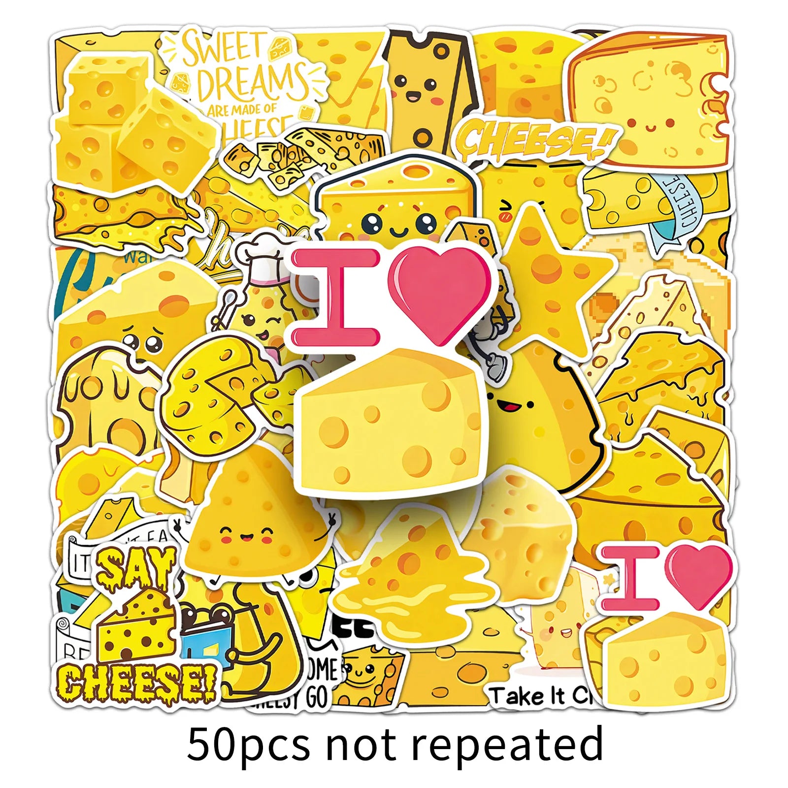 50PCS Cheese Cartoon Stickers, Student Stationery Journal Organizer Box Waterproof Decorative Art Stickers