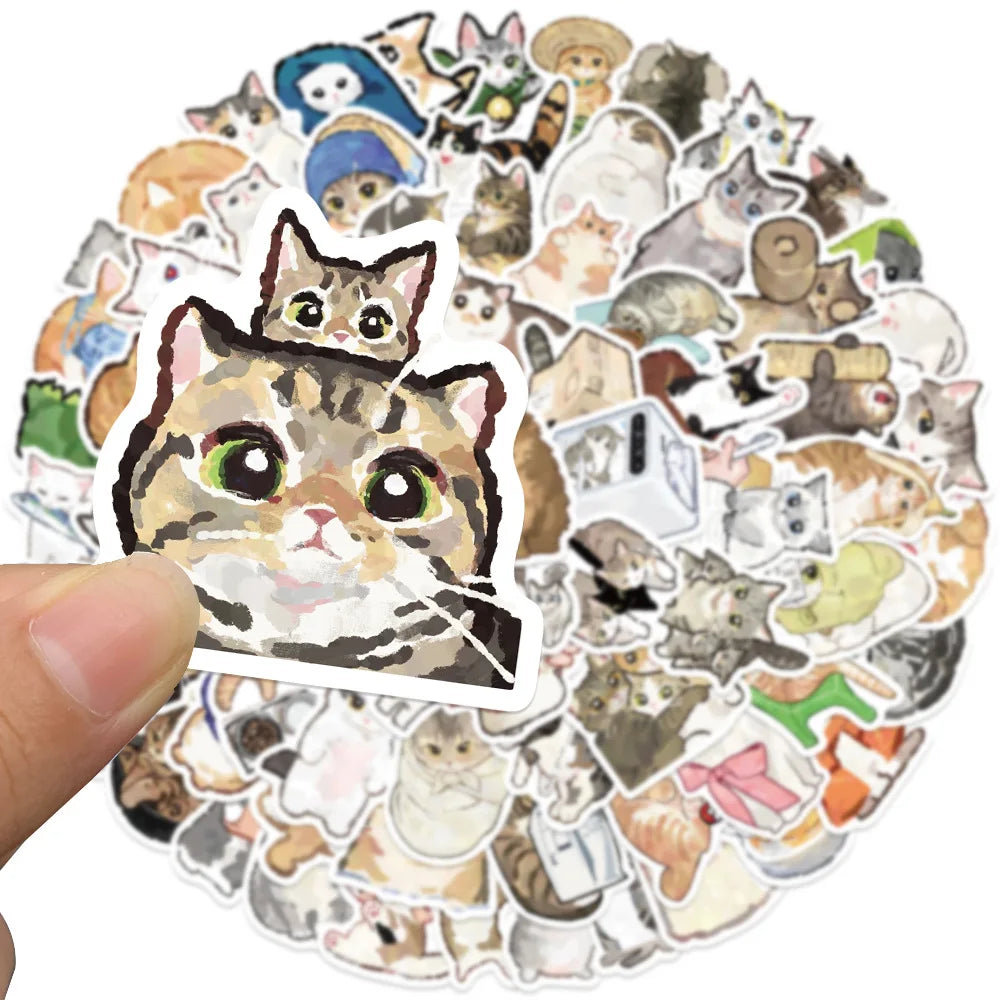 77Pcs Hand Drawn Cartoon Cat Cute Graffiti Sticker Helmet Luggage Computer Phone Skateboard Guitar Waterproof Sticker