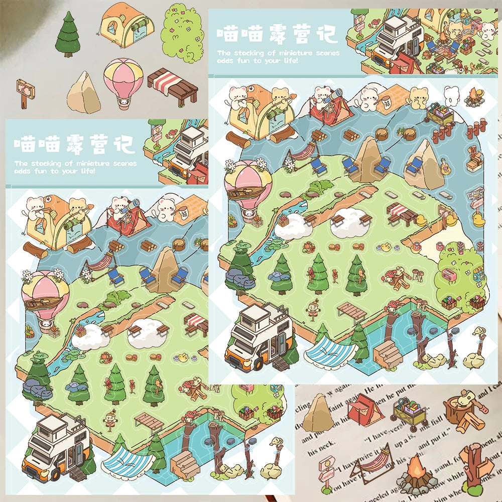 Cartoon Meow Meow Camping Notes 3D Landscaping Stickers Nostalgia Coffee Creative  Nostalgia Pegatinas Wall Stickers