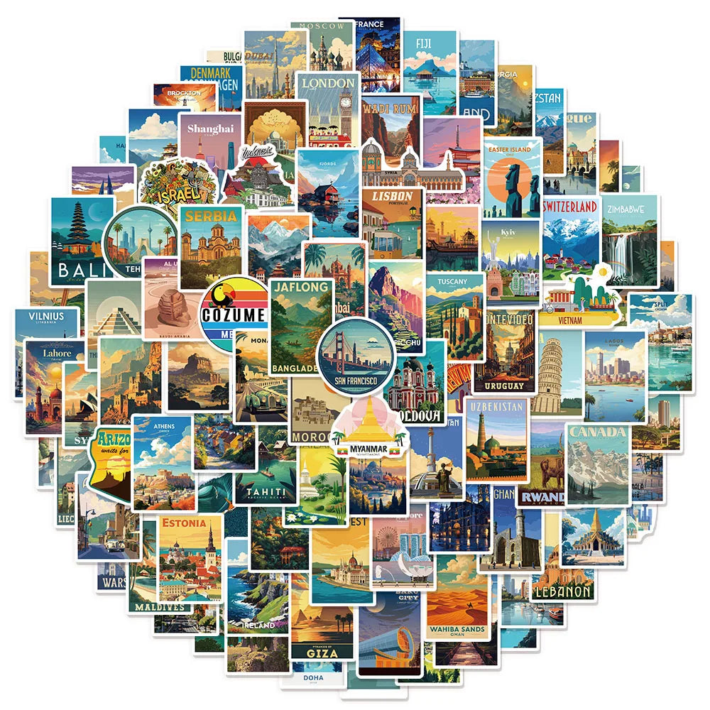 50/100PCS National Landmark Fun Stickers Manual Tags Luggage Guitar Laptop Decoration Waterproof Stickers