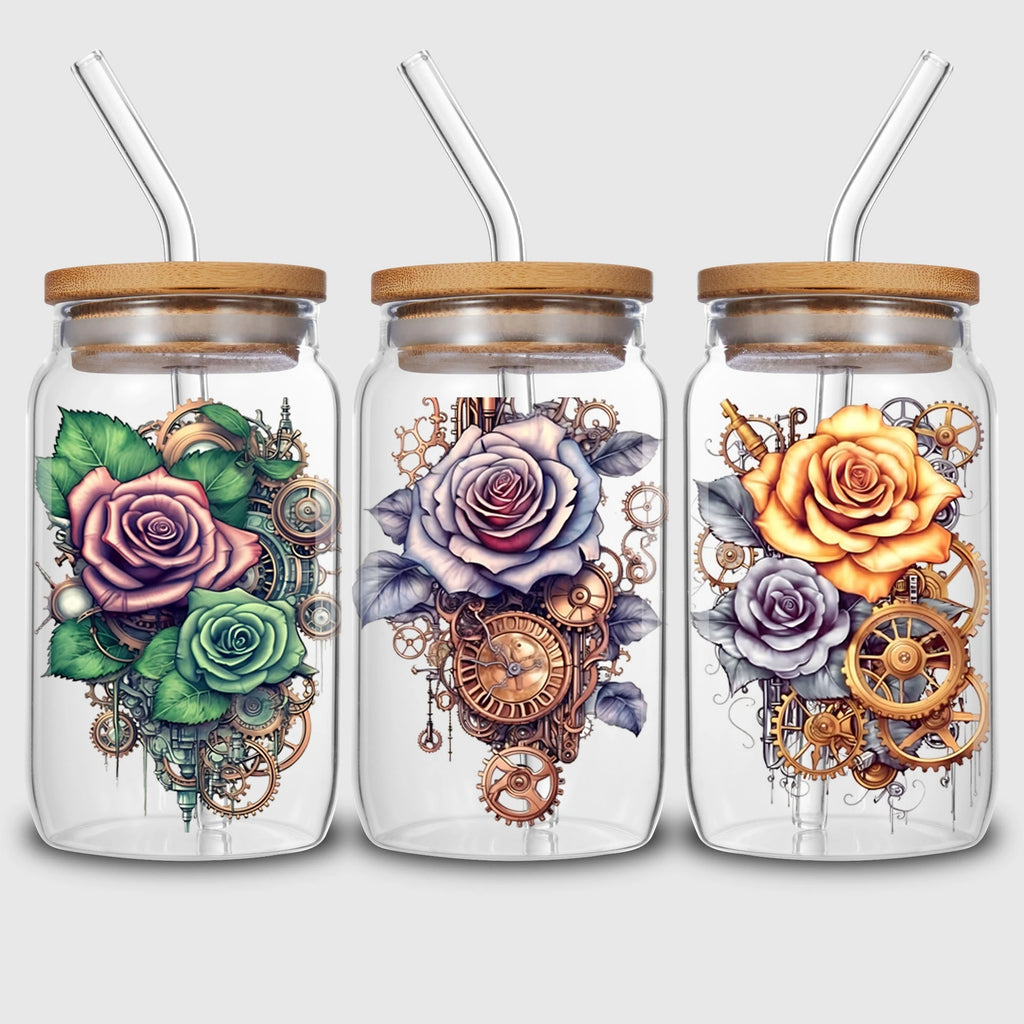 q5 sheets Steampunk UV DTF Cup Stickers, DTF Friction Transfer Stickers, Waterproof Cartoon Transfer Stickers for 16oz Glass Cup