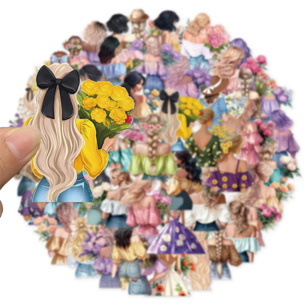 50PCS Flower Girl Cartoon Cute Decorative Transparent PET Sticker Set DIY Brochure Decorative Notebook Tablet Toy Stickers