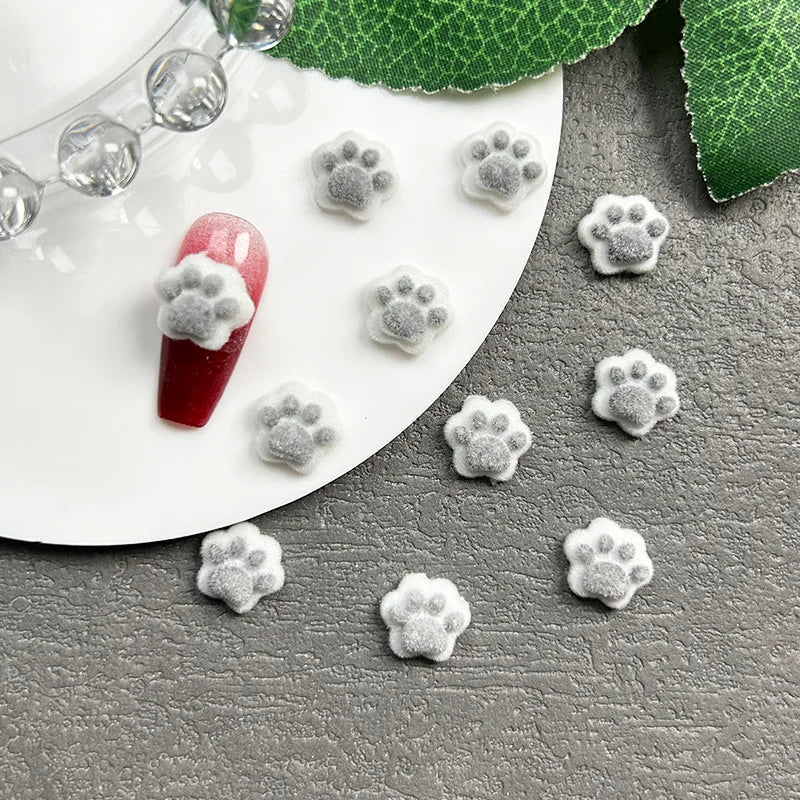 Winter Flocked Cat Paw Cartoon Nail Art Accessories Colorful 3D Bear Paw Resin Nail Charms DIY 10pcs Manicure Decorations Parts