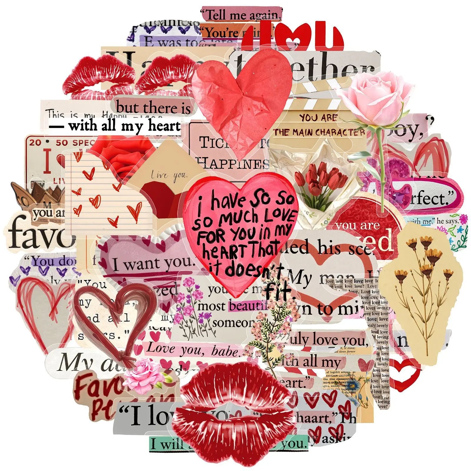 50-Pack Vintage Valentine's Day English PET Plastic Graffiti Stickers for Mobile Phones Notebooks Luggage Helmets Stationery