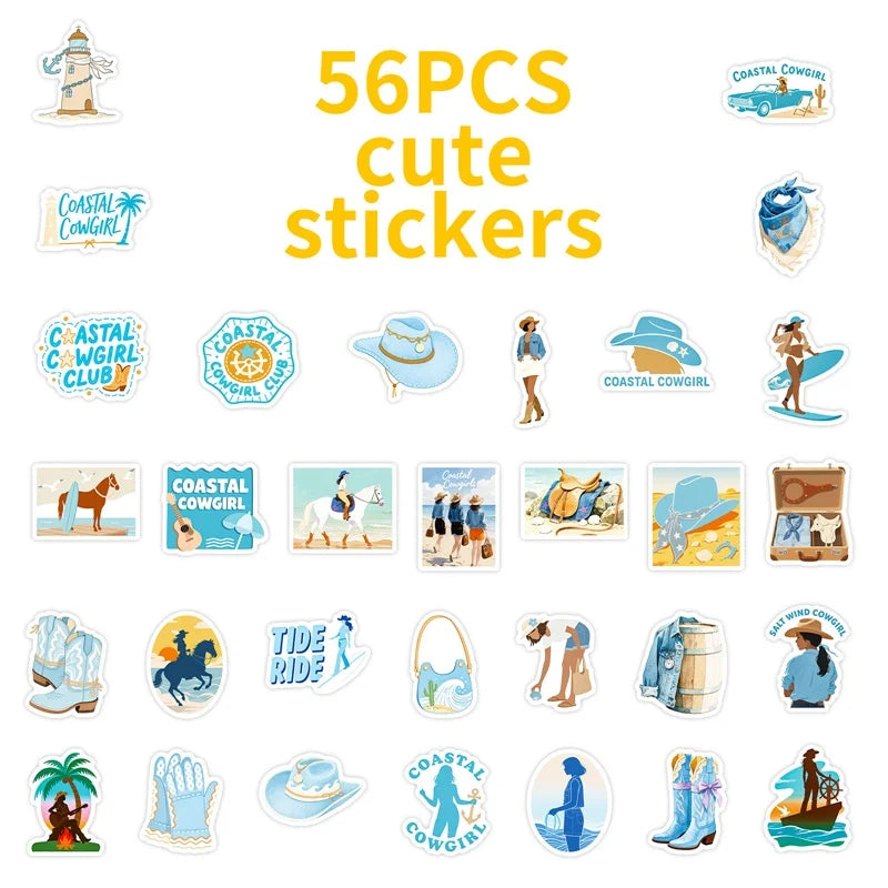 10/30/56PCS Kawaii Blue Seaside Life PVC Sticky Stickers Aesthetic DIY Colored Phone Laptop Luggage Skateboard Graffiti Decals