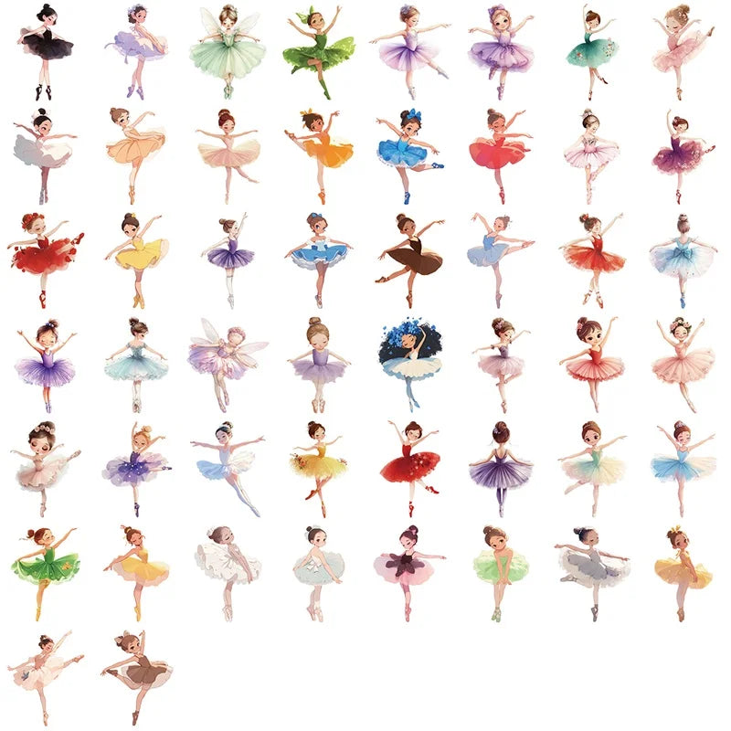 50PCS Cartoon Ballet Girl PET Sticky Sticker Aesthetic Tear Open DIY Decoration Scrapbooking Stationery Supplies for Kids