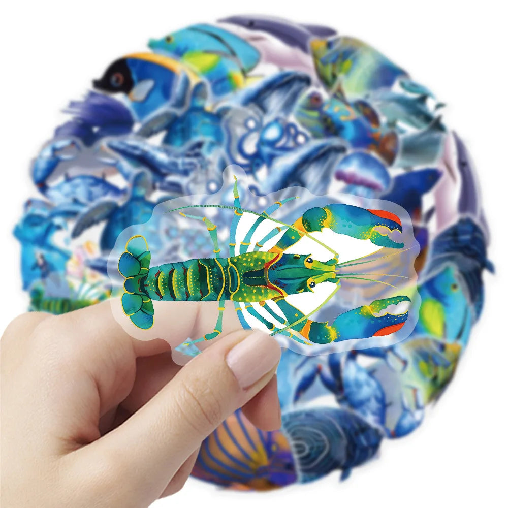 50PCS Cartoon Underwater World Marine Life Stickers PET Decor Phone Stationery Box Waterproof Stickers for Children Rewards