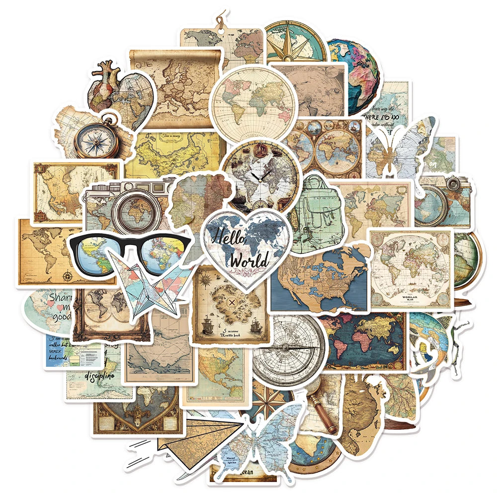 50PCS Retro Map Stickers Decorative DIY Creative Phone Cases, Laptop Cups, Speakers, Toy Stickers