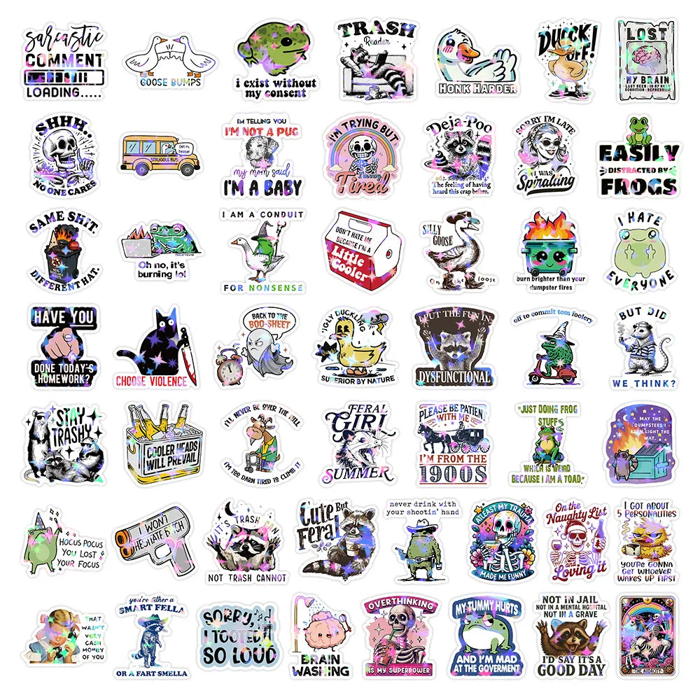 50/100PCS Holographic Funny Animal Quote Stickers, Student Stationery Notebook English Sarcasm Doodle Waterproof Decor Stickers