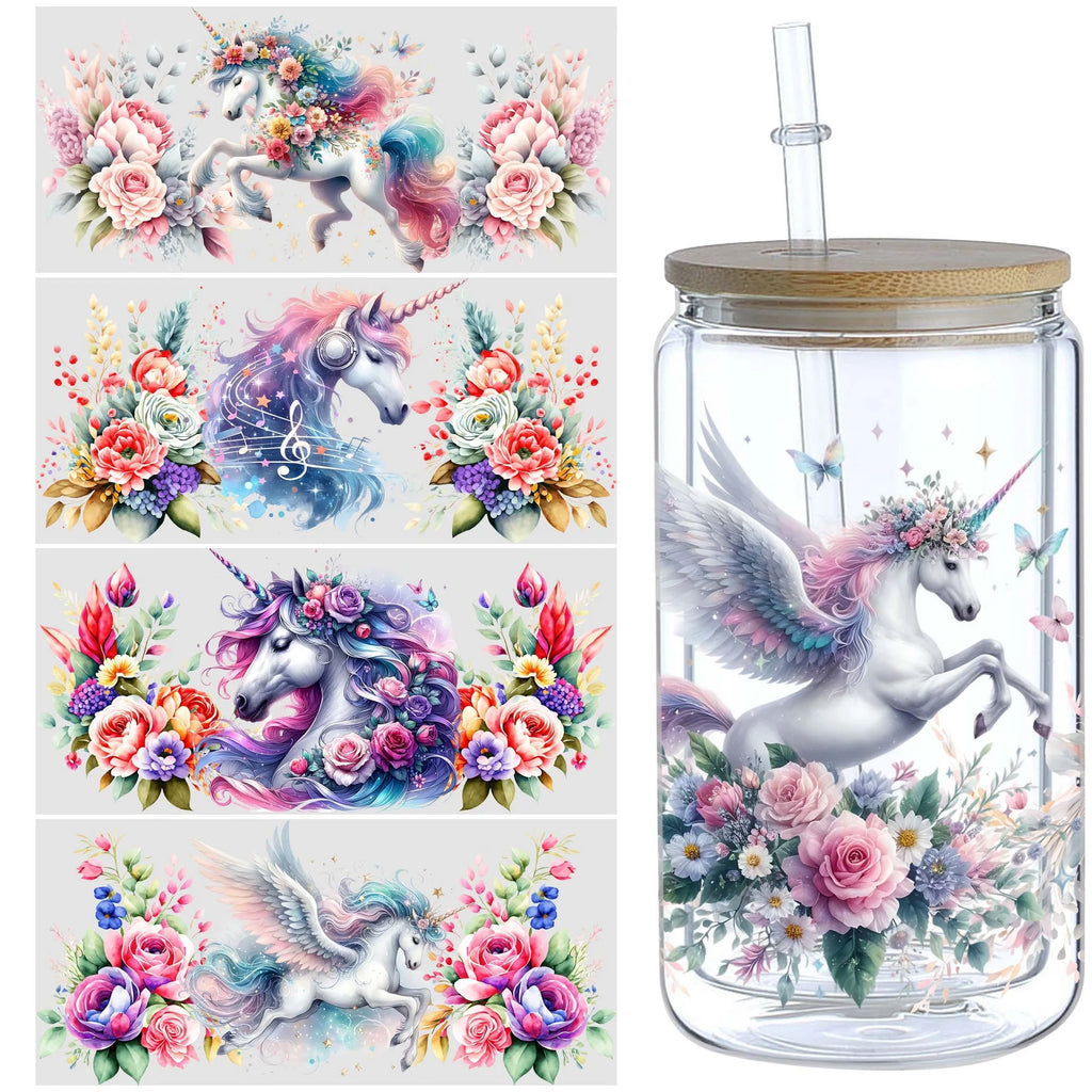 5 sheets unicorn UV DTF cup packaging for 16oz glass cups, waterproof UV DTF stickers for 16oz glass cups, DIY, furniture, craft