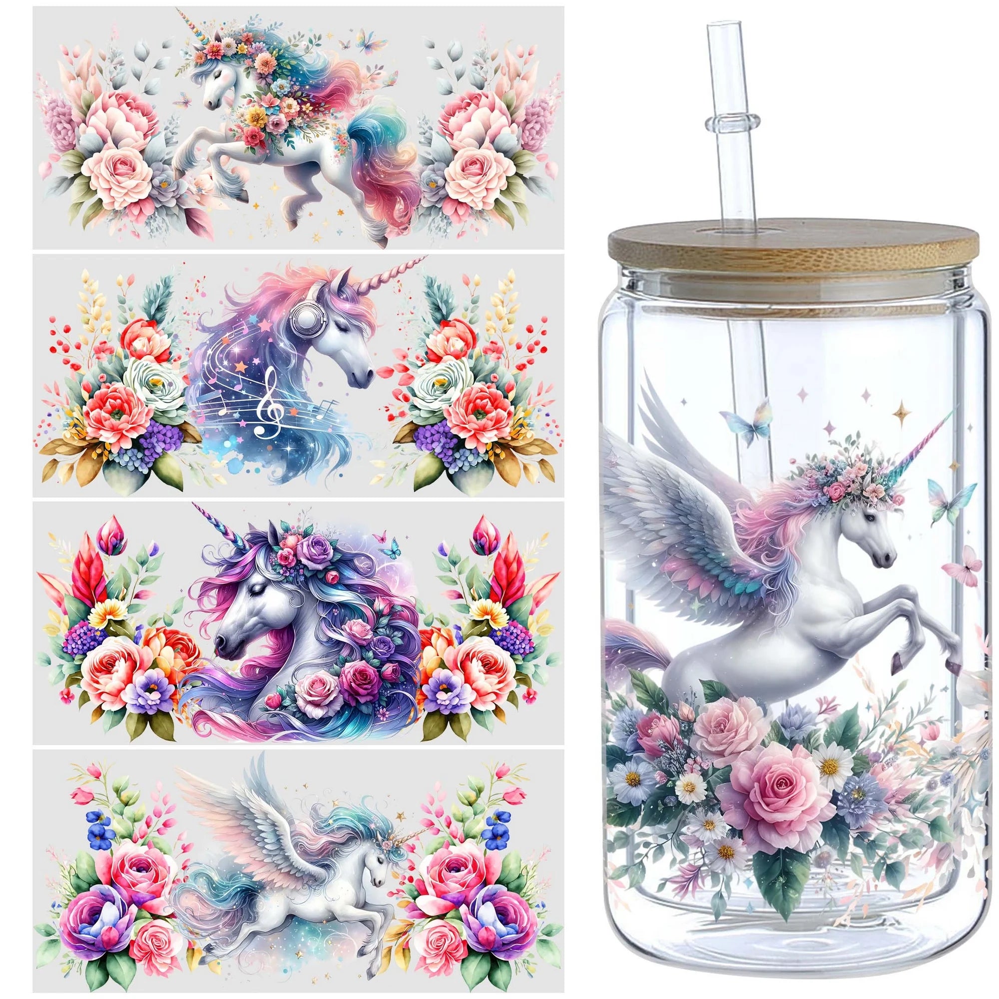 5 sheets unicorn UV DTF cup packaging for 16oz glass cups, waterproof UV DTF stickers for 16oz glass cups, DIY, furniture, craft